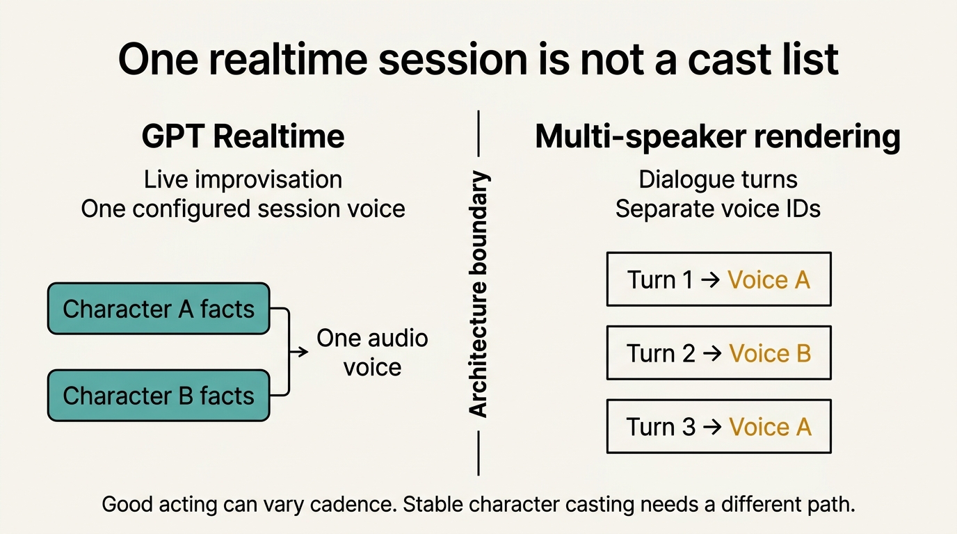 Diagram contrasting GPT Realtime one-session one-voice live performance with a multi-speaker rendering workflow using separate voice IDs