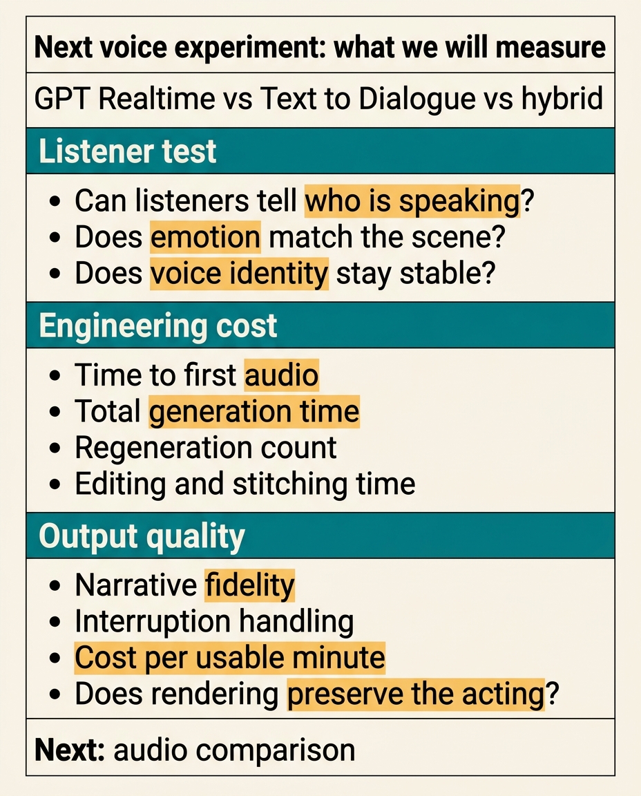 Scorecard listing listener test, engineering cost, and output quality criteria for the next GPT Realtime versus Text to Dialogue experiment